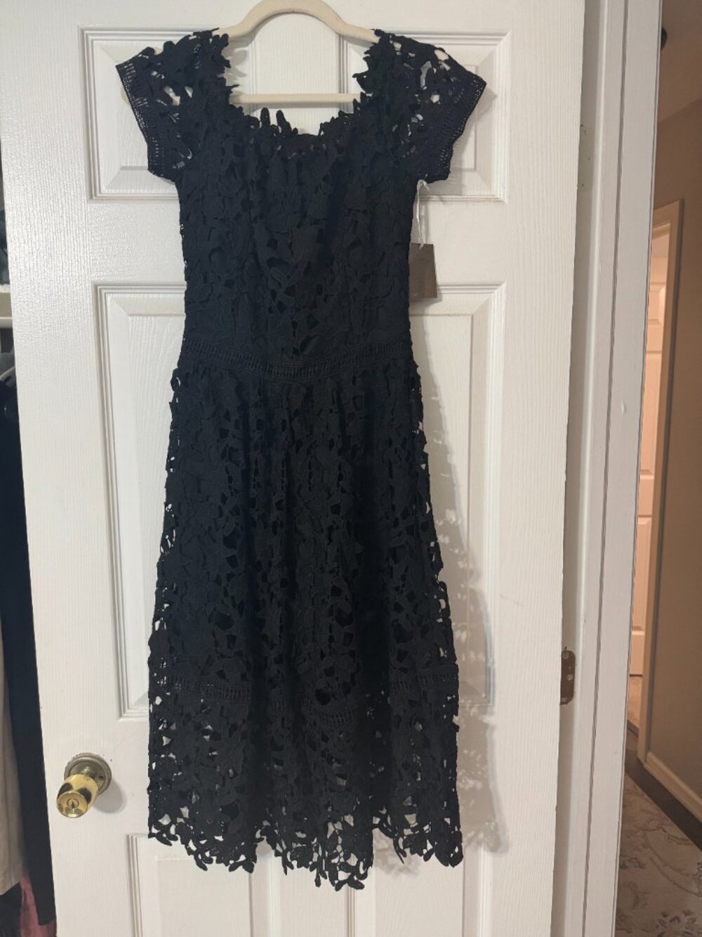 Black Lace Crochet Midi Dress Cocktail Wedding Guest Size S